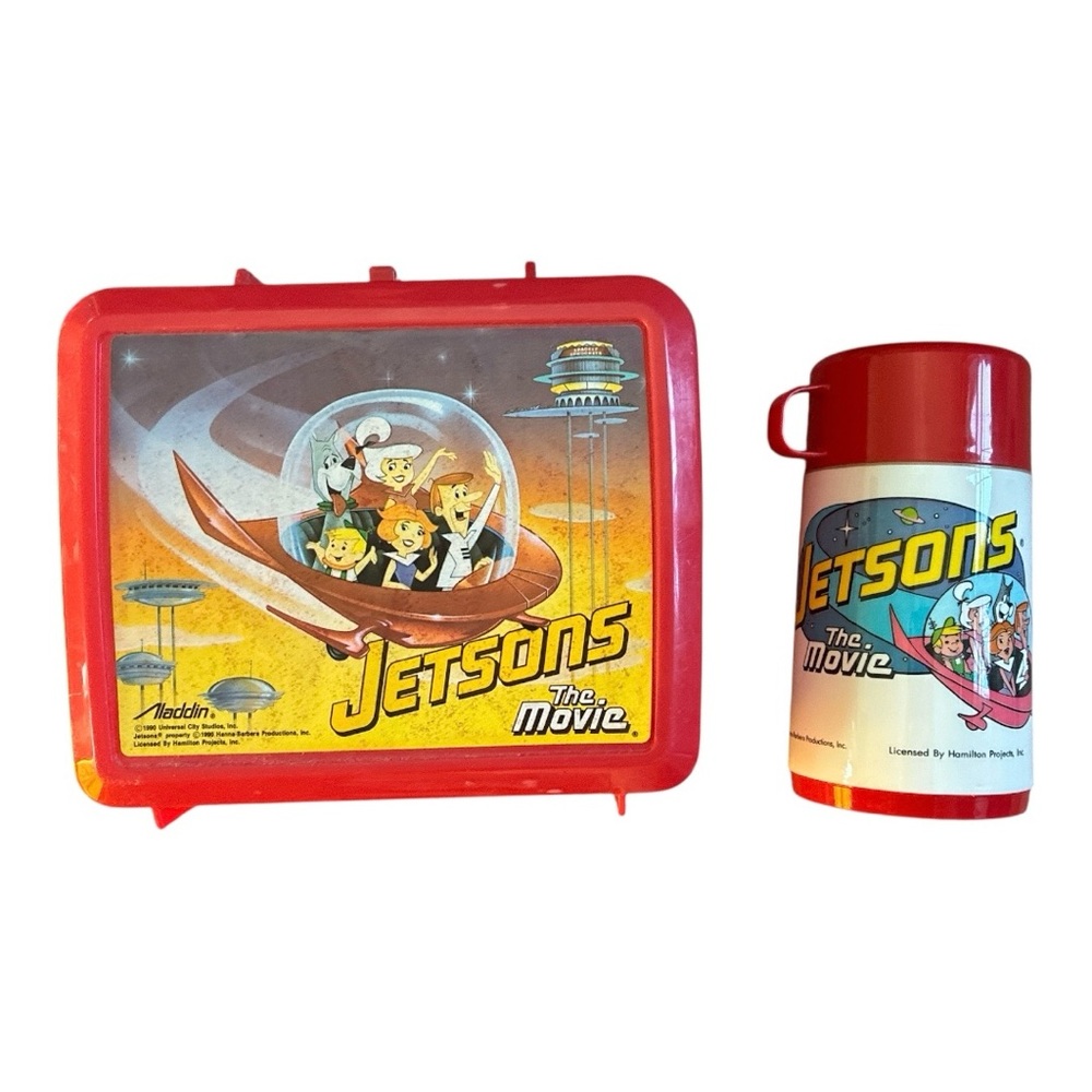 Vintage Jetsons The Movie Red Plastic Lunchbox and Thermos 1990 Aladdin